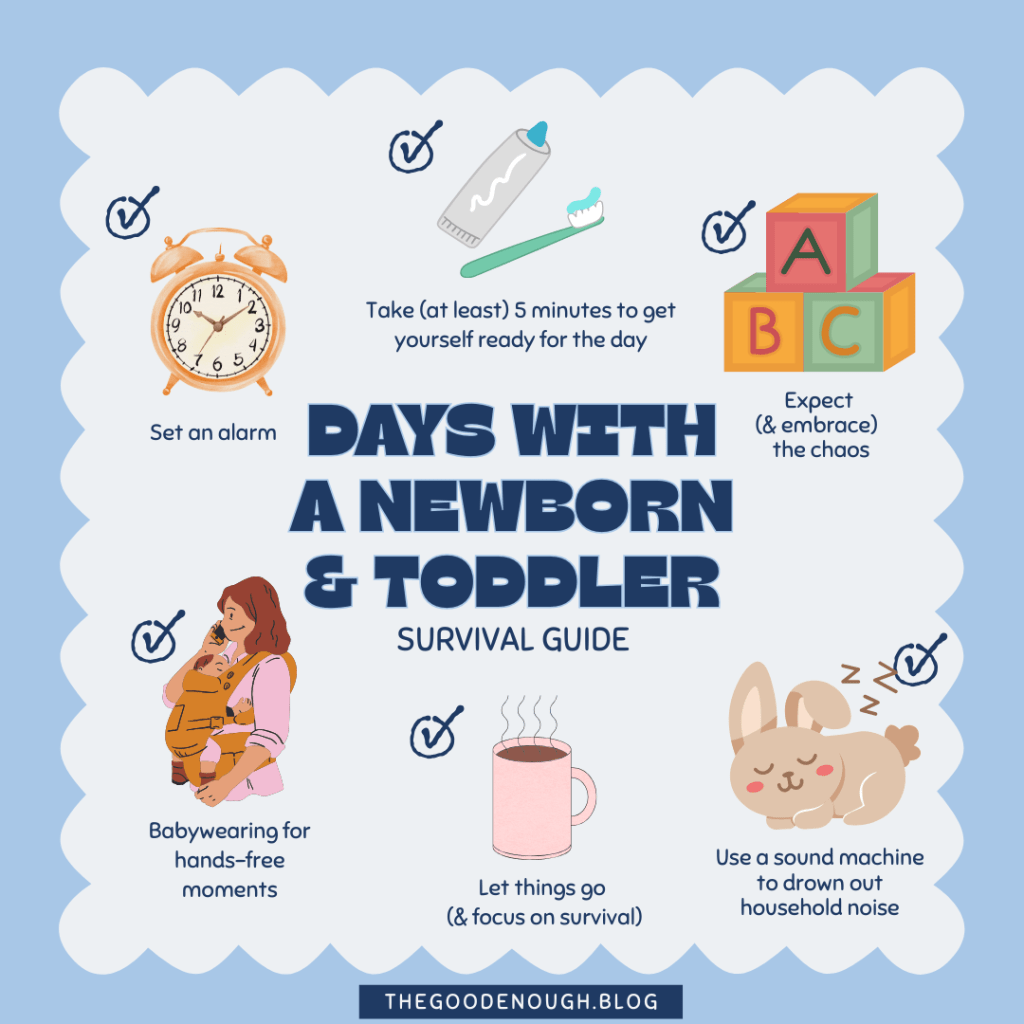 getting through the day with a newborn and a toddler using babywearing sound machines and play mats