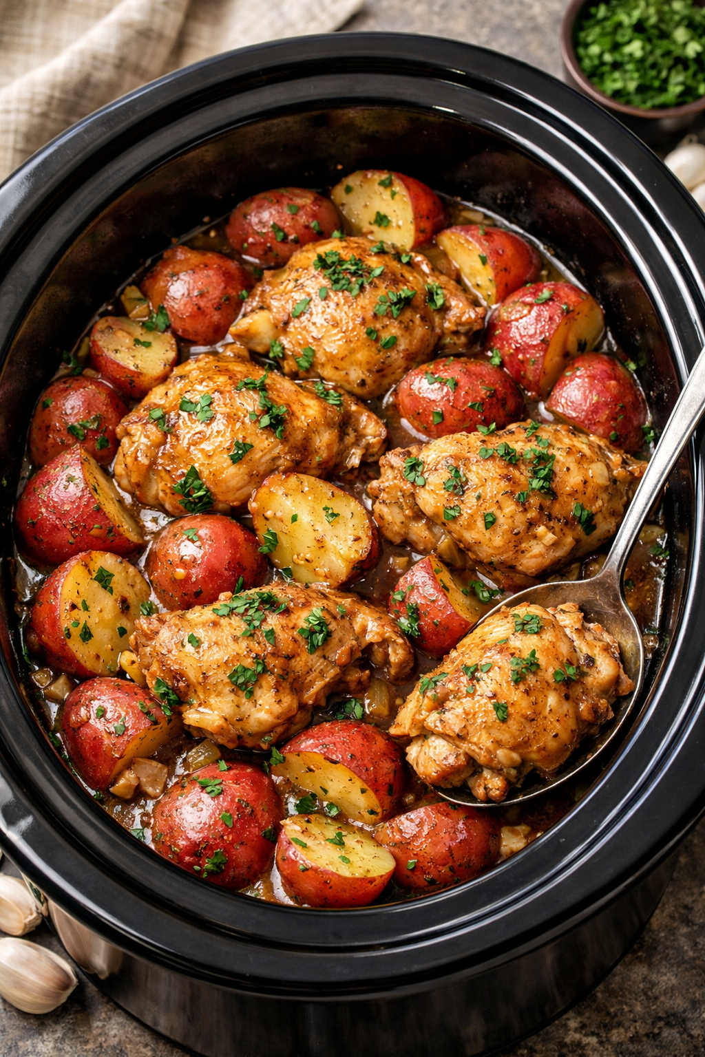Slow Cooker Chicken Thighs and Red Potatoes