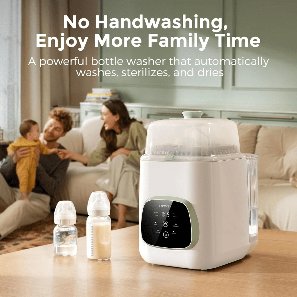 Momcozy bottle washer on kitchen counter washing baby bottles